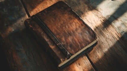 A worn leather-bound journal on a wooden table with sunlight streaming across it.