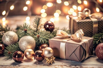 Gift boxes and a fir tree on the table in the home interior of the living room. A cozy concept for Christmas and winter holidays in 2025. Preparing gifts for loved ones.