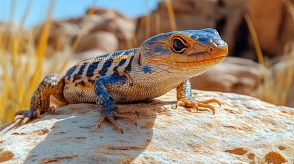 Obraz premium A vibrant lizard resting on a rock in a desert landscape.