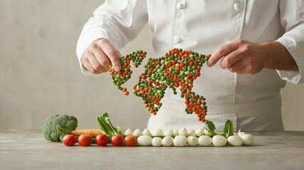 World Vegetable Day, A chef preparing a world map made of vegetables, culinary creativity, vegan inspiration