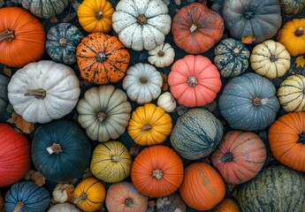 A vibrant display of different types and colors of pumpkins, arranged in an overhead view to showcase their diversity. Created with Ai 