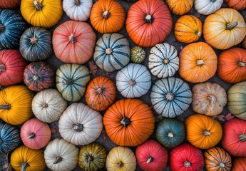 A vibrant display of different types and colors of pumpkins, arranged in an overhead view to showcase their diversity. Created with Ai