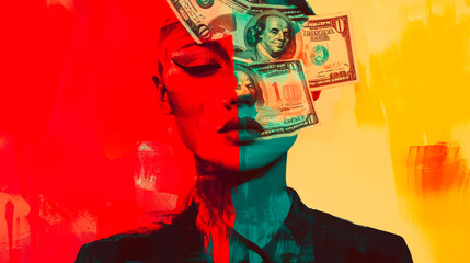 A vibrant abstract portrait with overlapping colors and currency symbolizing financial dynamics and the contrast of wealth.