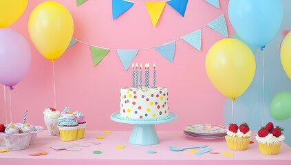 A vibrant and colorful birthday party scene with balloons, cake, decorations, table setting, pastel pink background, and bright yellow, blue, green color scheme. Created with Ai