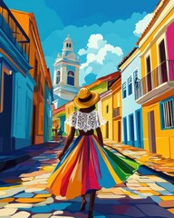 Colorful Minimalist Illustration of Salvador’s Pelourinho with Dancing Baiana


