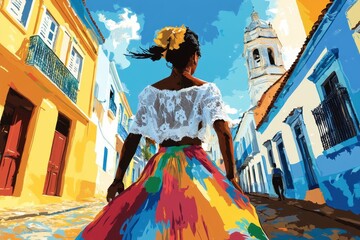 Colorful Minimalist Illustration of Salvador’s Pelourinho with Dancing Baiana


