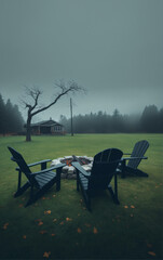 Cozy evening by the fire on the lawn in front of a country house. Glamping, ecotourism.