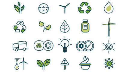 vector icons for an eco friendly company, black line art on a white background, thin lines and simple shapes, monochromatic color scheme with shades of gray