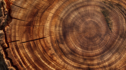 Naklejka premium Close-up of tree rings, showing age and growth patterns. The wood has visible cracks and textures, adding to the natural beauty of nature.