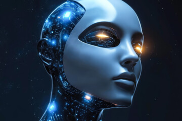 A futuristic humanoid face with glowing circuitry, symbolizing advanced technology and the boundary between human and machine.