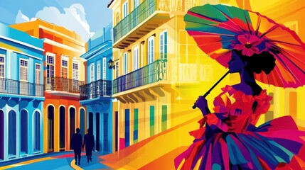 Minimalist Flat Illustration of Recife&rsquo;s Rua do Bom Jesus with Frevo Dancer

