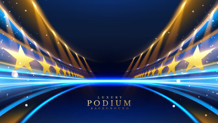 Luxurious blue stadium scene with golden stars, spotlights, and bokeh, perfect for majestic award ceremonies. Vector illustration. © witsanu