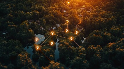 property mapping with location markers and connected lines in an aerial view, highlighting land plots and boundaries for development, investment, and real estate design