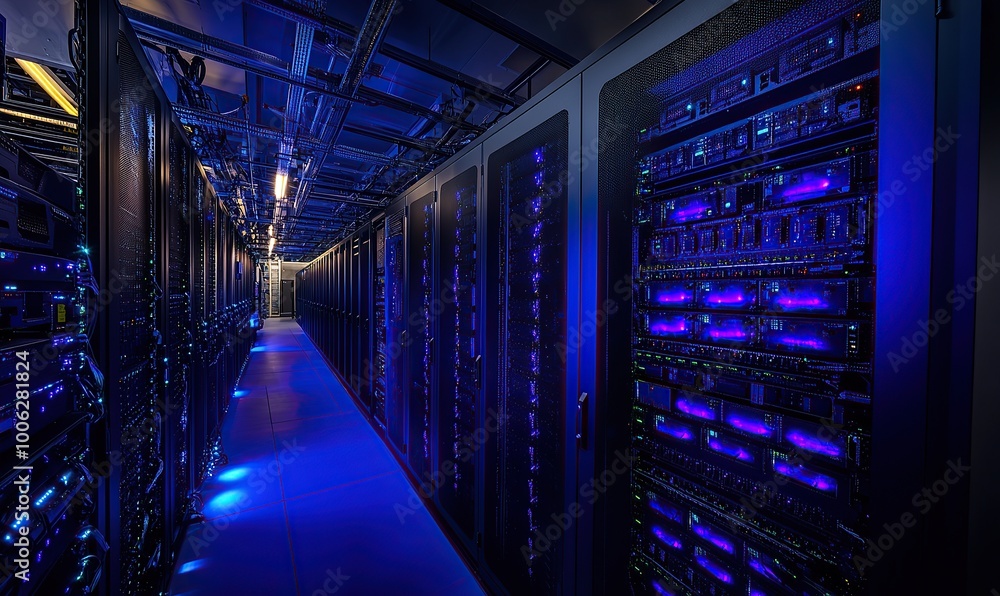 Poster a large server room with rows of high-end supercomputers, with blue lighting and a dark background