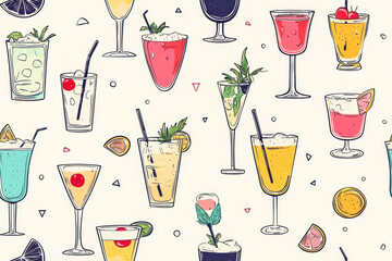 Cocktails seamless pattern. Minimalist background of trendy hand-illustrated drinks.