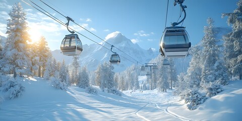Obraz premium Winter ski resort scene featuring a cable car gondola against a snowy mountain backdrop, crisp blue sky, and sunlight reflection creating a scenic winter wonderland atmosphere.