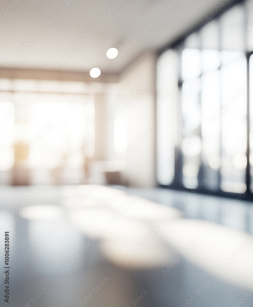 Poster a bright and blurred image of an empty office interior with large windows, creating a spacious and m