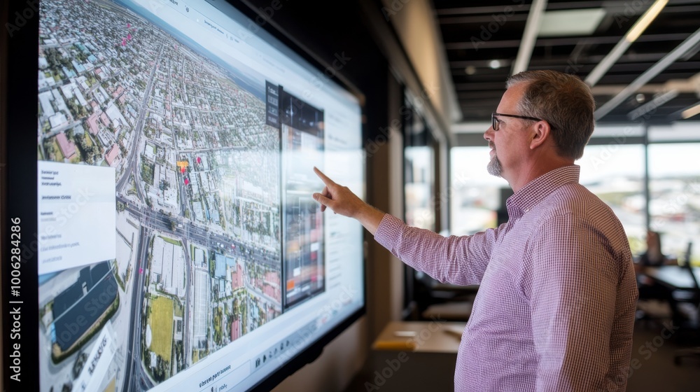 Aufkleber a business professional is actively pointing at a 3d model of a city displayed on a large touchscree