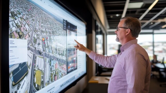 A business professional is actively pointing at a 3D model of a city displayed on a large touchscreen in a sleek conference room, focusing on infrastructure elements and planning zones