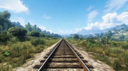Obraz premium A serene landscape featuring railway tracks stretching into the distance, surrounded by lush greenery and a clear blue sky, evoking a sense of adventure and travel.