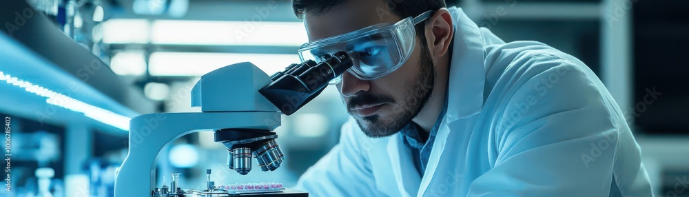 Poster a focused scientist examining samples under a microscope in a modern laboratory setting, showcasing 