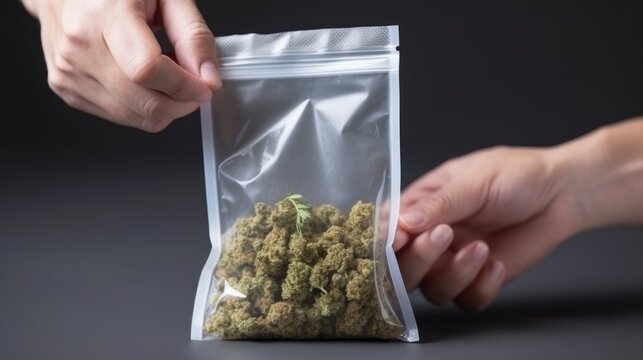 Close-up of a sealed bag containing cannabis buds being exchanged between two hands against a dark background.
