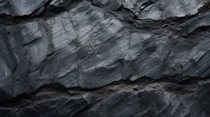 A detailed close-up shot of a black rocky surface showcasing visible cracks and sediment layers.
