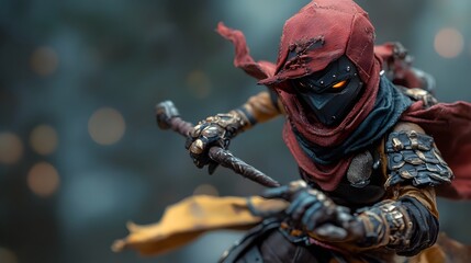 Fototapeta premium Poseable game character figure in dynamic pose with intricate accessories