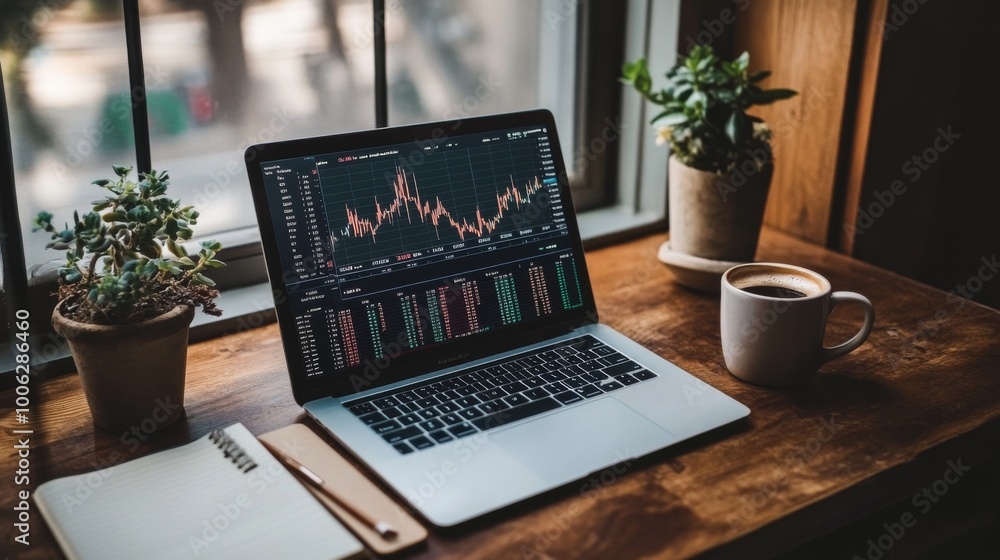 Poster a serene workspace featuring a desk with a laptop displaying financial graphs, a cup of coffee, and 
