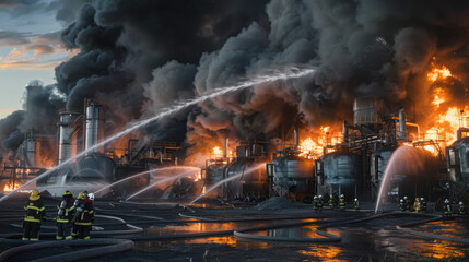 Obraz premium Industrial chemical tank engulfed in flames with thick black smoke, firefighters in protective gear battling the blaze at dusk, highlighting the urgency and danger of the situation.