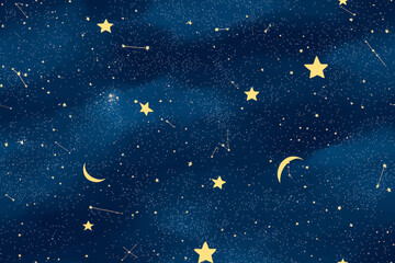Naklejka premium Sky blue background with stars, seamless boho pattern for tarot, astrology, zodiac signs.