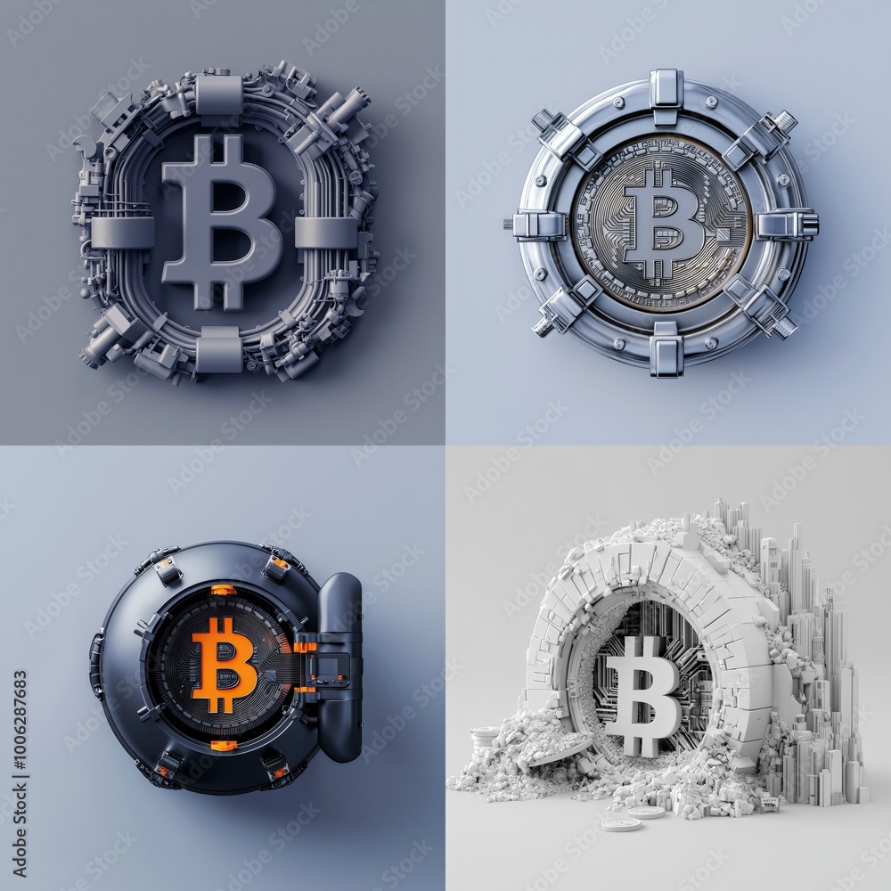 Poster bitcoin symbol inside a vault icon on a gray background