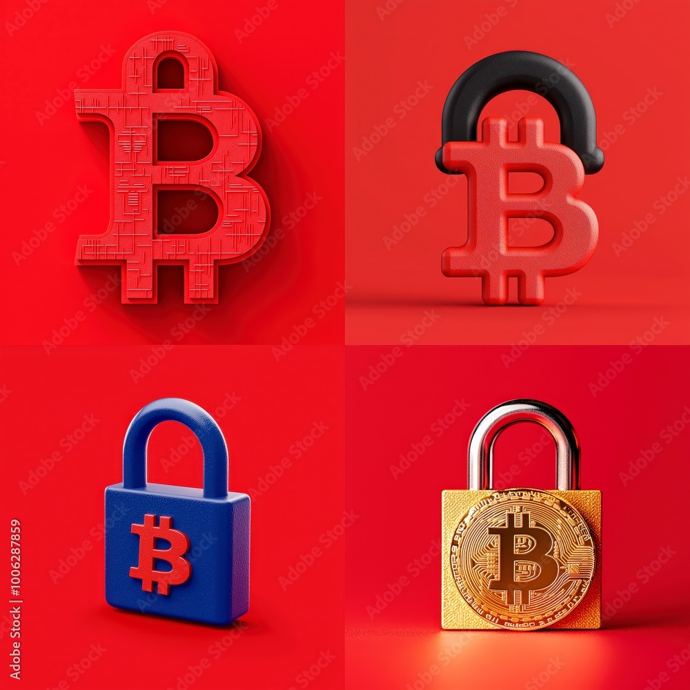 Poster bitcoin with a lock icon on a red background