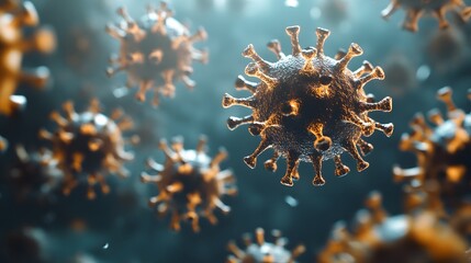 Close-up of a golden coronavirus particle against a blue-green background