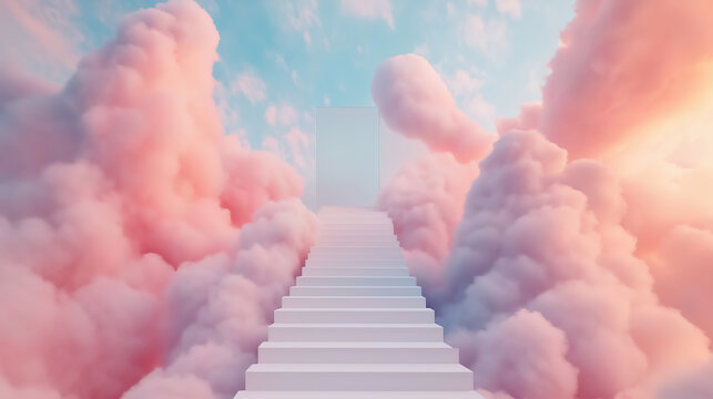 A surreal image of a white staircase rising through a sky of soft pink and blue clouds, ending at a bright white tunne