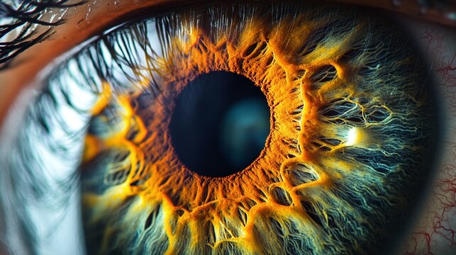 a human eye closeup showing the iris and pupil, enhanced with graphical elements to represent vision analysis and the application of advanced ophthalmology diagnostic technology