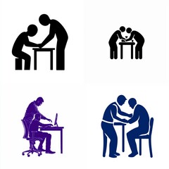 Colleague helping another person at a desk icon on a white background