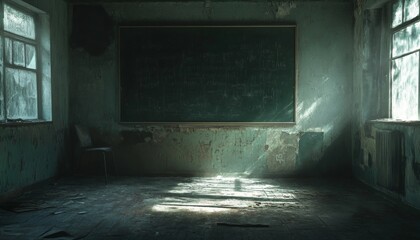 An abandoned classroom with a blackboard, a chair, and a single ray of light shining through the window.