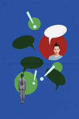 Vertical poster collage businesswoman communication textbox messages phrases forum discussion...