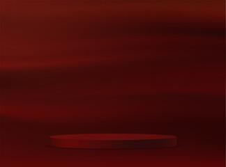 Obraz premium Red background vector 3d with podium. Dark red satin smooth fabric background. Space for selling products on the website. Vector illustration.