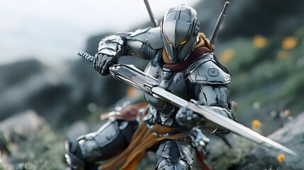 Game figure with removable weapons and detailed armor in action pose
