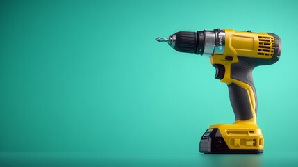 A stylish cordless impact driver in yellow is prominently displayed at an angle, highlighting its metallic drill bit and rubberized grip on a mint green backdrop, perfect for marketing