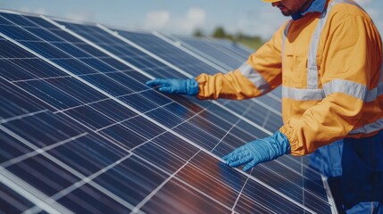 A technician in reflective gear and gloves works on solar panels in a cleanroom environment, ensuring high-quality control.