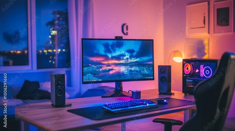 Poster a computer game table with vibrant srgb lights, next to a dimly lit window with a clear view of the 