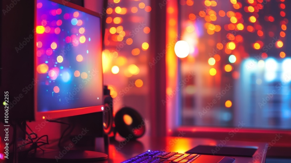 Poster computer desk glowing with multi-colored srgb lights, with a dimly lit clear window and a soft refle