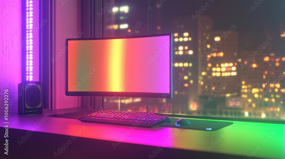 Poster computer desk glowing with multi-colored srgb lights, with a dimly lit clear window and a soft refle
