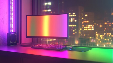 Computer desk glowing with multi-colored sRGB lights, with a dimly lit clear window and a soft reflection of lights.