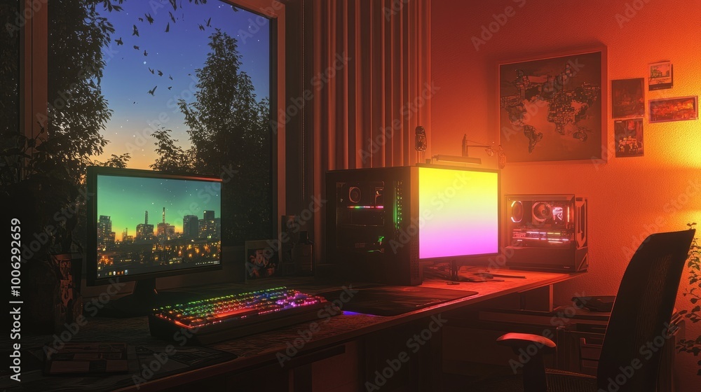 Poster computer game table with multi-colored srgb lights glowing, with a dimly lit clear window showing an
