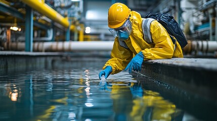 water contamination testing at a sewage treatment plant, with an environmental engineer in protective gear collecting samples for analysis and quality monitoring