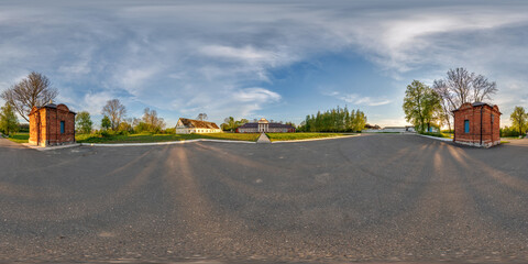 seamless spherical 360 hdri panorama near red brick gate of old historic palace with columns or homestead in equirectangular projection © hiv360